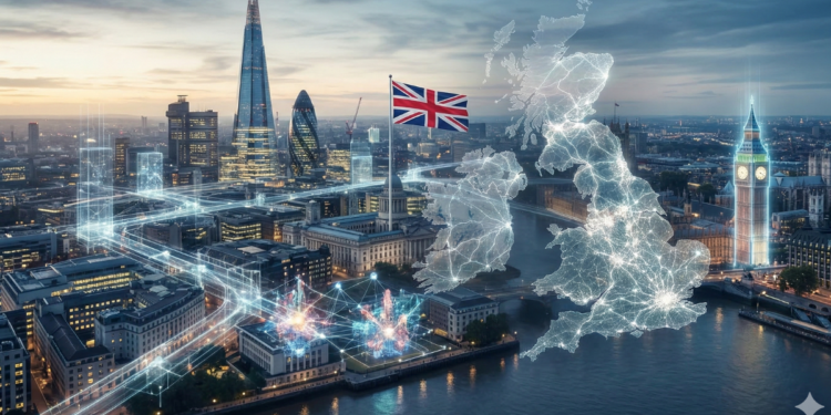 Imagen de Londres, donde se ve el Big Ben y la forma del mapa del país.