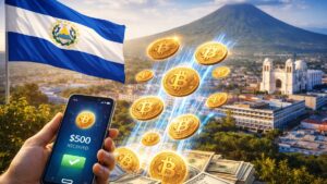Teléfono inteligente tomado por una mano, enviando bitcoin a una ciudad de El Salvador, con la bandera del país y un volcán en el fondo.