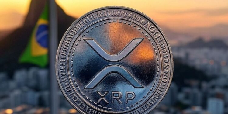 Moneda física de XRP de Ripple sobre fondo del atardecer en Río de Janeiro y bandera de Brasil.