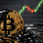 En primer plano, una moneda física de bitcoin bañada en petróleo. En el fondo: gráfico de precio genérico.