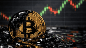 En primer plano, una moneda física de bitcoin bañada en petróleo. En el fondo: gráfico de precio genérico.