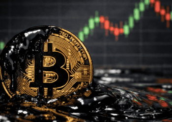 En primer plano, una moneda física de bitcoin bañada en petróleo. En el fondo: gráfico de precio genérico.