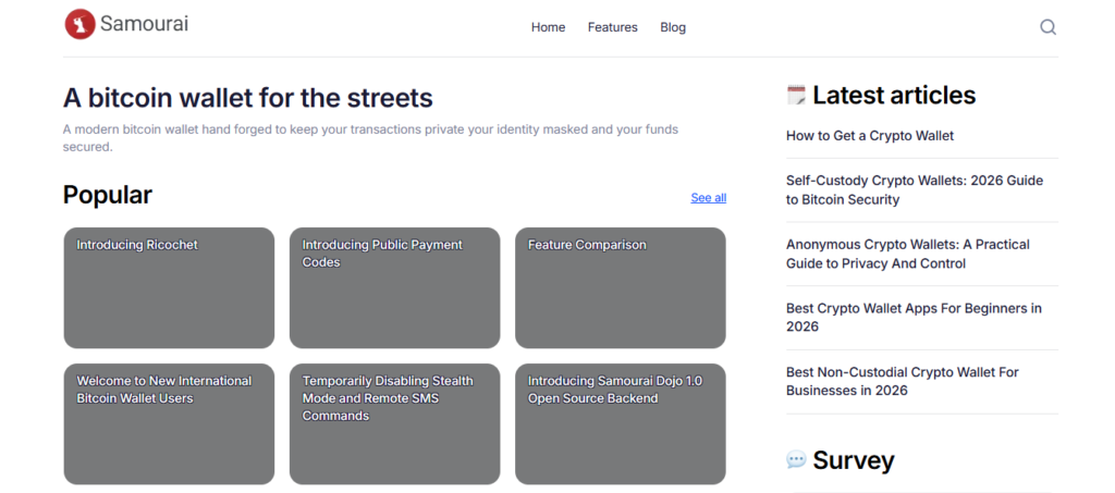 Pรกgina web del proyecto Samourai Wallet.