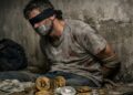 Imagen realista de una persona en condiciones de secuestro, con criptomonedas alrededor