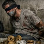 Imagen realista de una persona en condiciones de secuestro, con criptomonedas alrededor