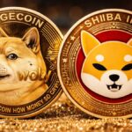 Una moneda física de SHIB junto con una de dogecoin.