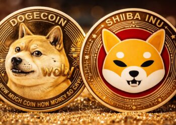 Una moneda física de SHIB junto con una de dogecoin.