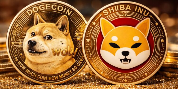 Una moneda física de SHIB junto con una de dogecoin.