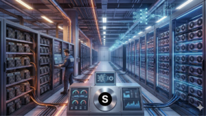 Imagen generada por IA de un centro de datos con un trabajo y el logo de Simple Mining.