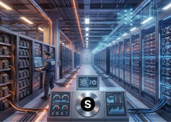 Imagen generada por IA de un centro de datos con un trabajo y el logo de Simple Mining.