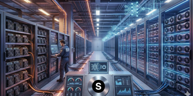 Imagen generada por IA de un centro de datos con un trabajo y el logo de Simple Mining.