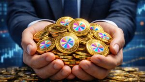 Empresario sosteniendo monedas doradas de criptomoneda con logo de Sky en entorno bursรกtil.