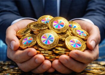 Empresario sosteniendo monedas doradas de criptomoneda con logo de Sky en entorno bursátil.