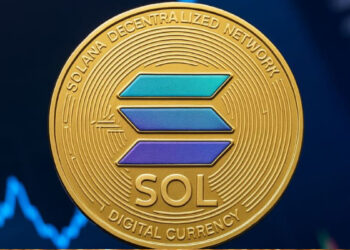 Una moneda dorada de Solana sobre gráficos de precios.