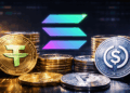 Monedas físicas de USDT y USDC junto al logo de la red Solana.