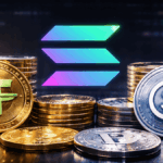 Monedas físicas de USDT y USDC junto al logo de la red Solana.