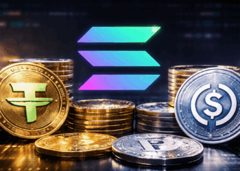 Monedas físicas de USDT y USDC junto al logo de la red Solana.