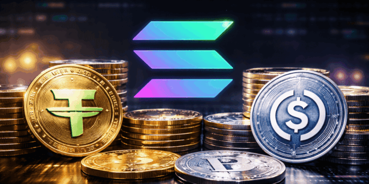 Monedas físicas de USDT y USDC junto al logo de la red Solana.