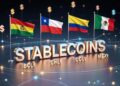 La palabra stablecoins domina el centro de la imagen, en la parte superior se observan banderas de Chile, Colombia, México y Bolivia.