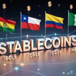 La palabra stablecoins domina el centro de la imagen, en la parte superior se observan banderas de Chile, Colombia, México y Bolivia.