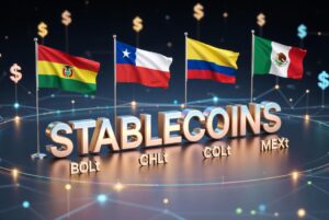 La palabra stablecoins domina el centro de la imagen, en la parte superior se observan banderas de Chile, Colombia, México y Bolivia.