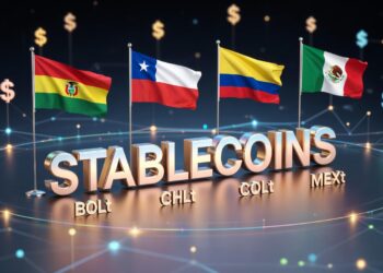 La palabra stablecoins domina el centro de la imagen, en la parte superior se observan banderas de Chile, Colombia, México y Bolivia.