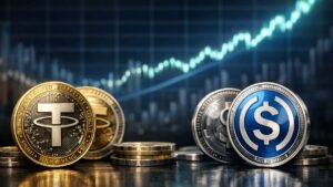 monedas de USDT y USDC frente a un gráfico que muestra una señal ascendente