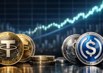 monedas de USDT y USDC frente a un gráfico que muestra una señal ascendente