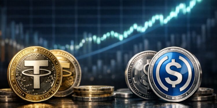 monedas de USDT y USDC frente a un gráfico que muestra una señal ascendente
