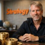 Michael Saylor sentado en una oficina moderna con pilas de monedas físicas de bitcoin sobre un escritorio, en un entorno corporativo profesional.