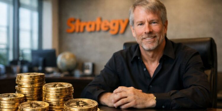 Michael Saylor sentado en una oficina moderna con pilas de monedas físicas de bitcoin sobre un escritorio, en un entorno corporativo profesional.