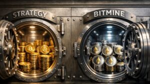 Bóvedas abiertas de Strategy y BitMine con monedas físicas de bitcoin y ether en estilo realista.