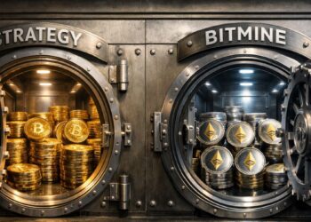 Bóvedas abiertas de Strategy y BitMine con monedas físicas de bitcoin y ether en estilo realista.