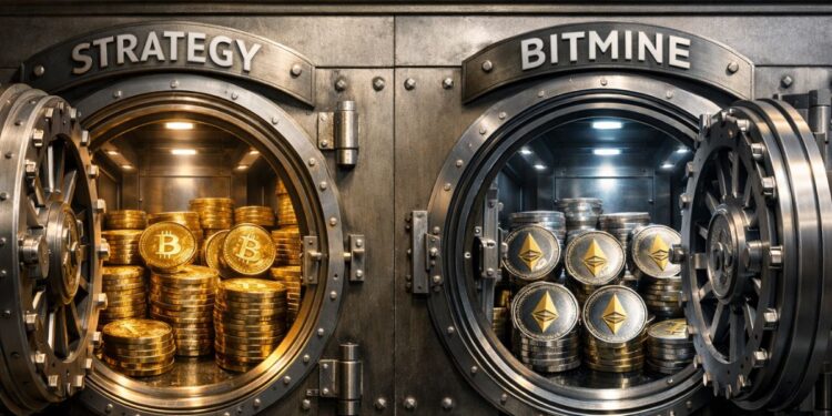 Bóvedas abiertas de Strategy y BitMine con monedas físicas de bitcoin y ether en estilo realista.