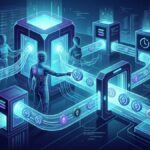 Imagenes de robots en una linea de producción con el logo de USDC y Solana.