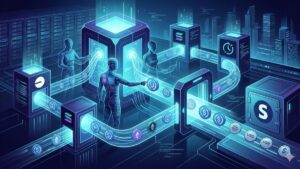 Imagenes de robots en una linea de producción con el logo de USDC y Solana.