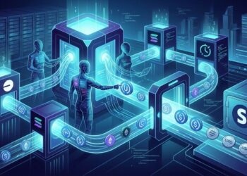 Imagenes de robots en una linea de producción con el logo de USDC y Solana.