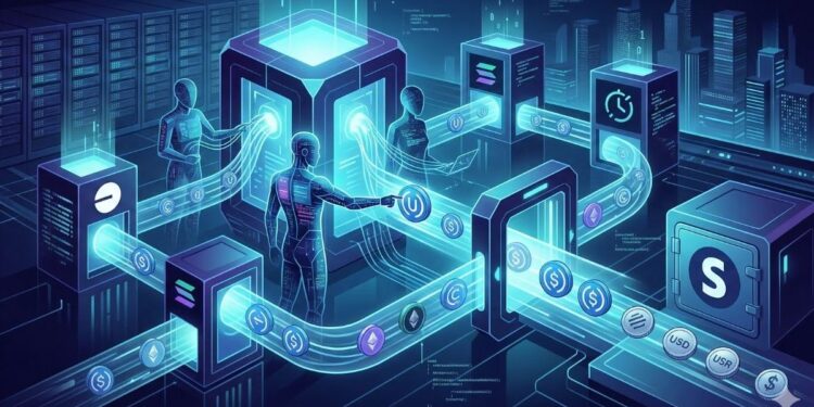 Imagenes de robots en una linea de producción con el logo de USDC y Solana.