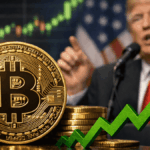 En primer plano: moneda de bitcoin con flechas verdes que indican subida de precio. En el fondo: el presidente Donald Trump hablando.