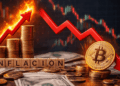 Una imagen generada con IA que muestra a la inflación subiendo y al precio de bitcoin bajando.