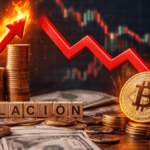 Una imagen generada con IA que muestra a la inflaciรณn subiendo y al precio de bitcoin bajando.