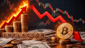 Una imagen generada con IA que muestra a la inflación subiendo y al precio de bitcoin bajando.