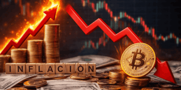 Una imagen generada con IA que muestra a la inflación subiendo y al precio de bitcoin bajando.