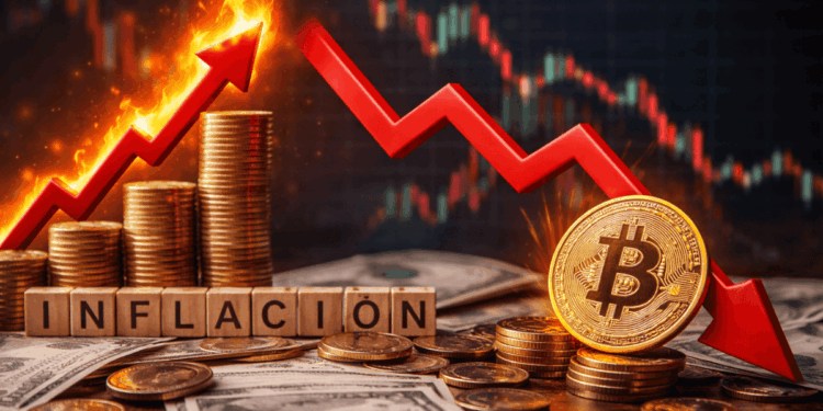 Una imagen generada con IA que muestra a la inflación subiendo y al precio de bitcoin bajando.