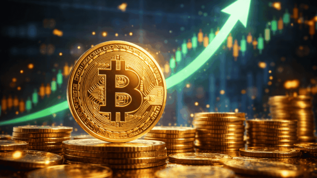 Monedas físicas de bitcoin en primer plano y una flecha verde ascendente en el fondo.
