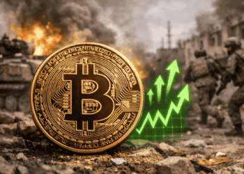 En primer plano: moneda de bitcoin y flechas verdes hacia arriba. En el fondo: imágenes genéricas de guerra.