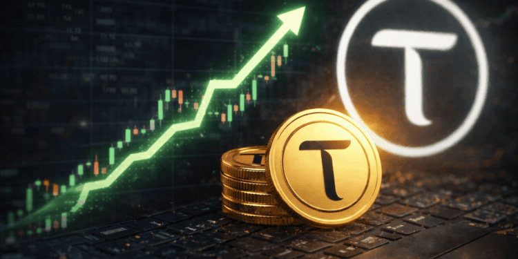 Logo de la criptomoneda bittensor (TAO) y una flecha verde ascendente.