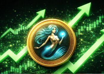 Una moneda física de siren rodeada de flechas verdes.