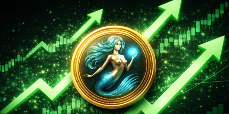 Una moneda física de siren rodeada de flechas verdes.