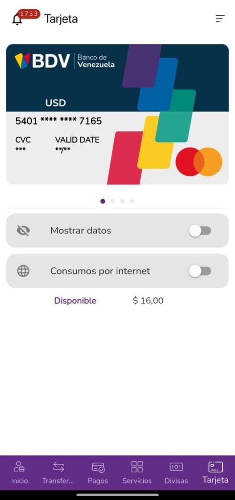 Captura de pantalla de la interfaz del Banco de Venezuela.